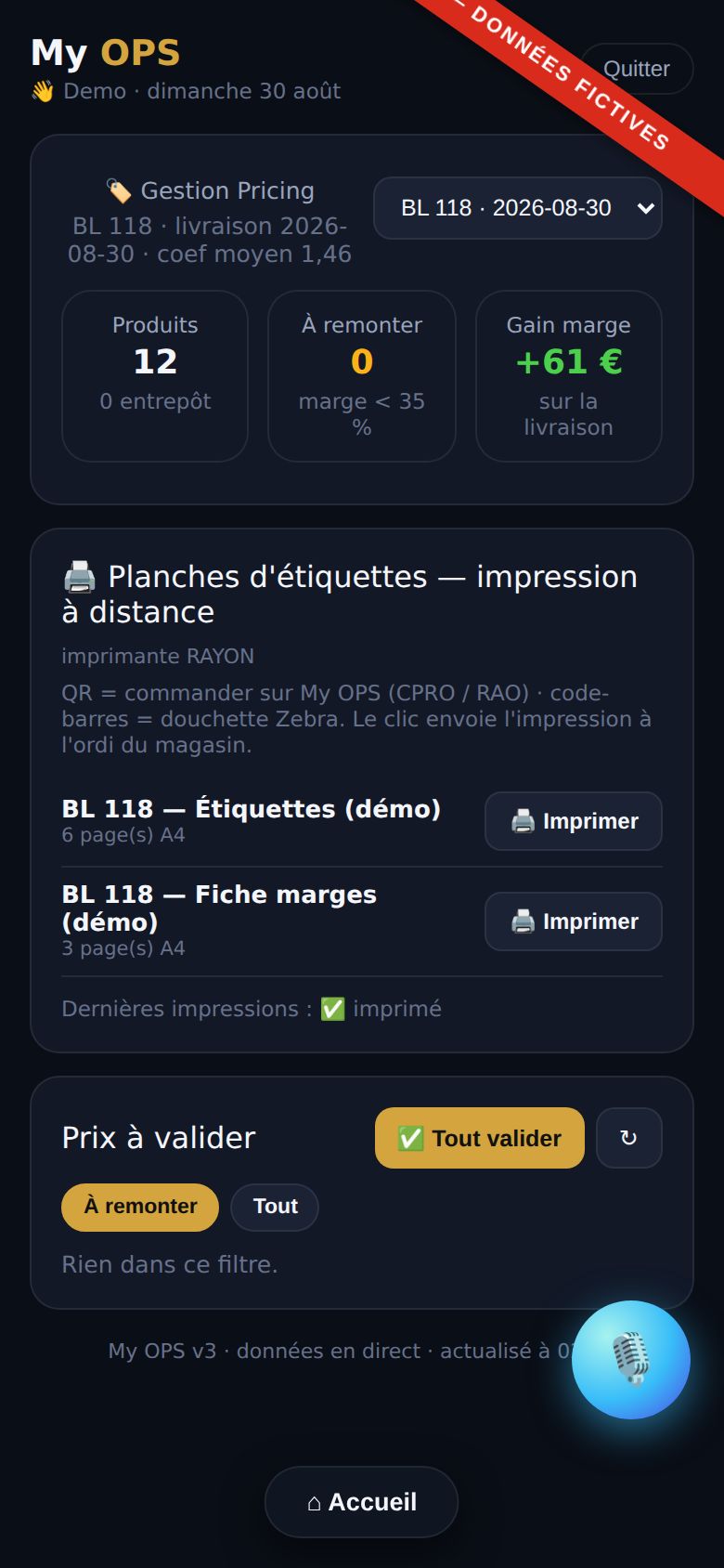 Pricing du BL — étiquettes imprimées à distance