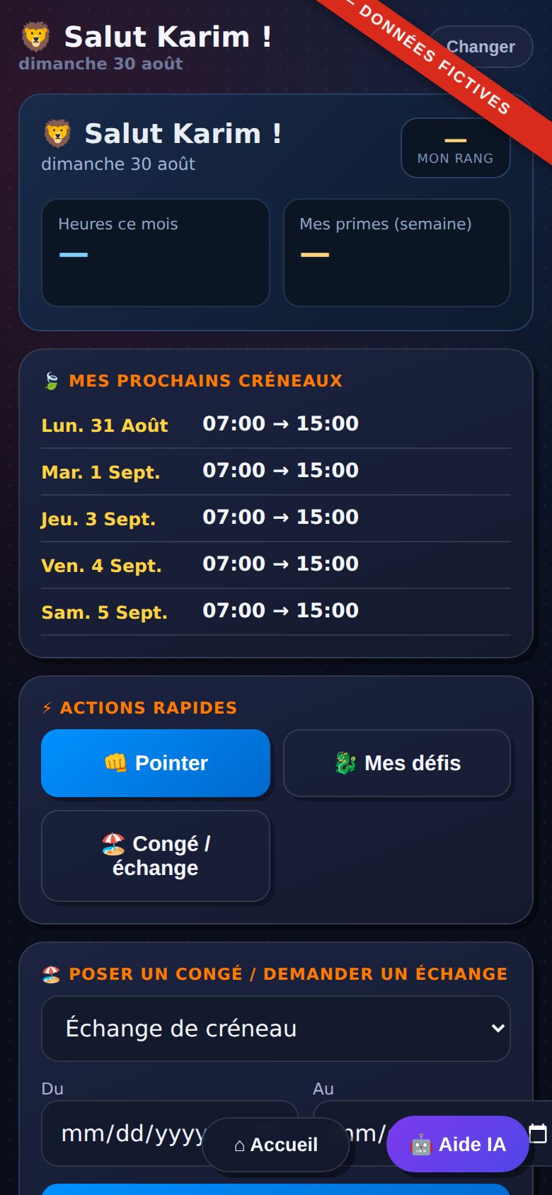 Sa journée : créneaux, pointage, congés, défis